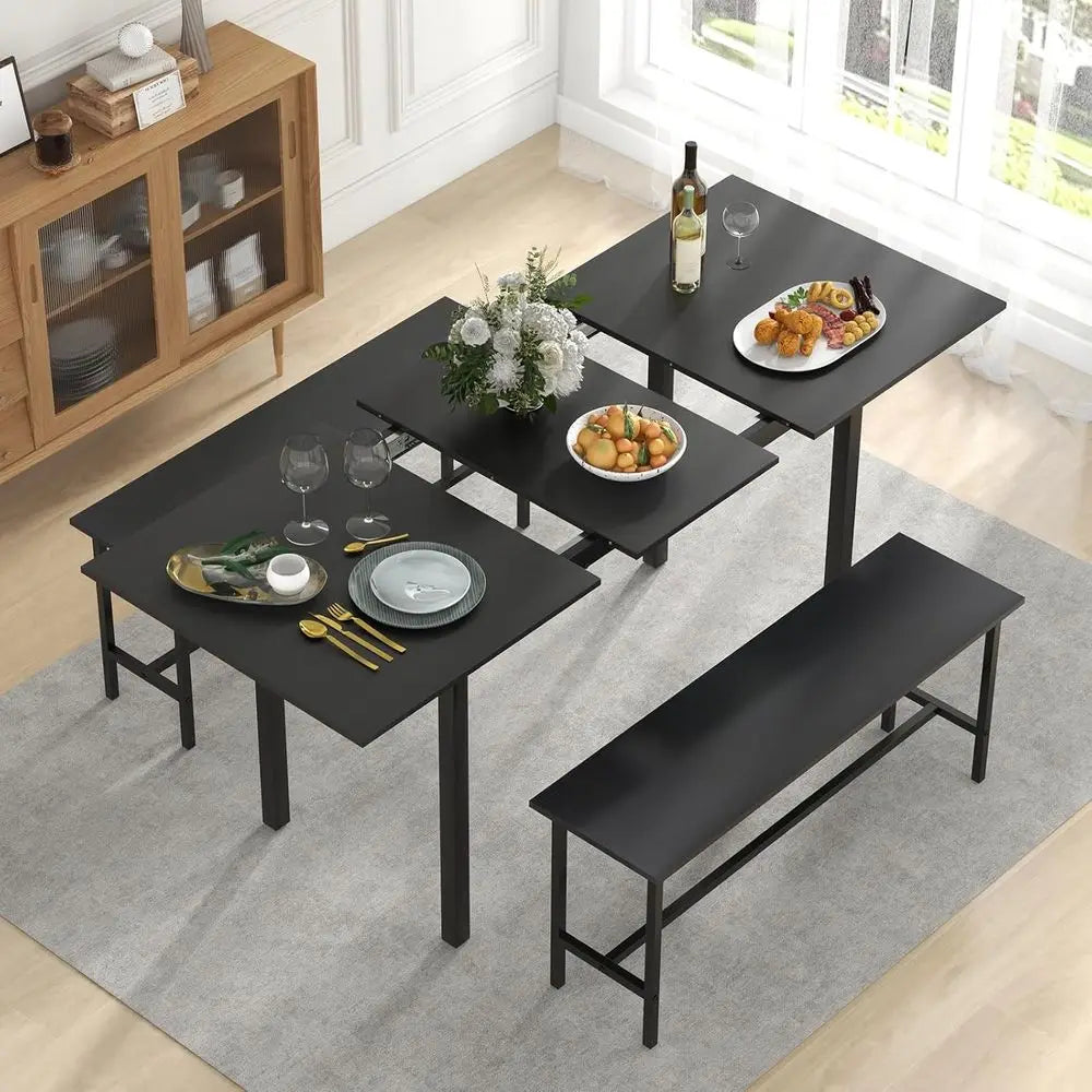 Space-Saving 63 Extendable Dining Table Set with 2 Benches for Small Spaces, Easy Clean Black Finish