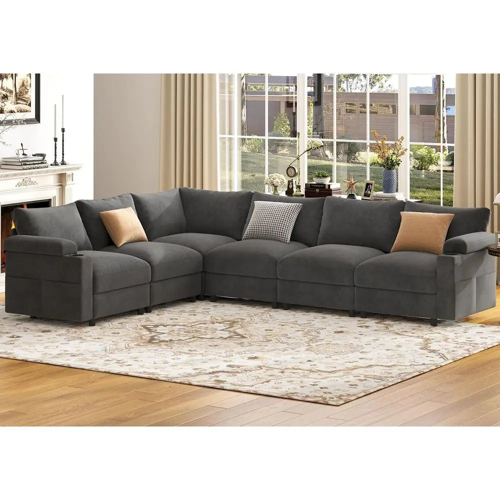 Velvet Grey V-Shaped 6-Seat Sectional Couch with Oversized Cloud-Shaped Sleeper Sofa and Detachable Chaise
