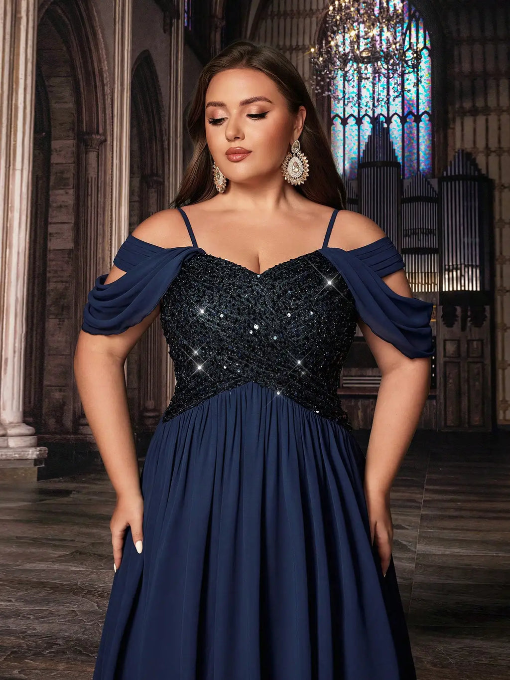 Navy Blue Plus Size Formal Evening Gown With Sequins Off Shoulder Floor Length