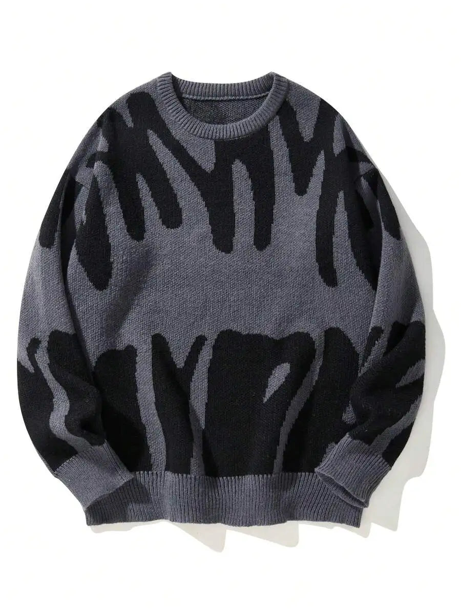 Men's Oversized Graphic Knit Sweater with Bold Black Pattern, Fall Winter Casual Wear