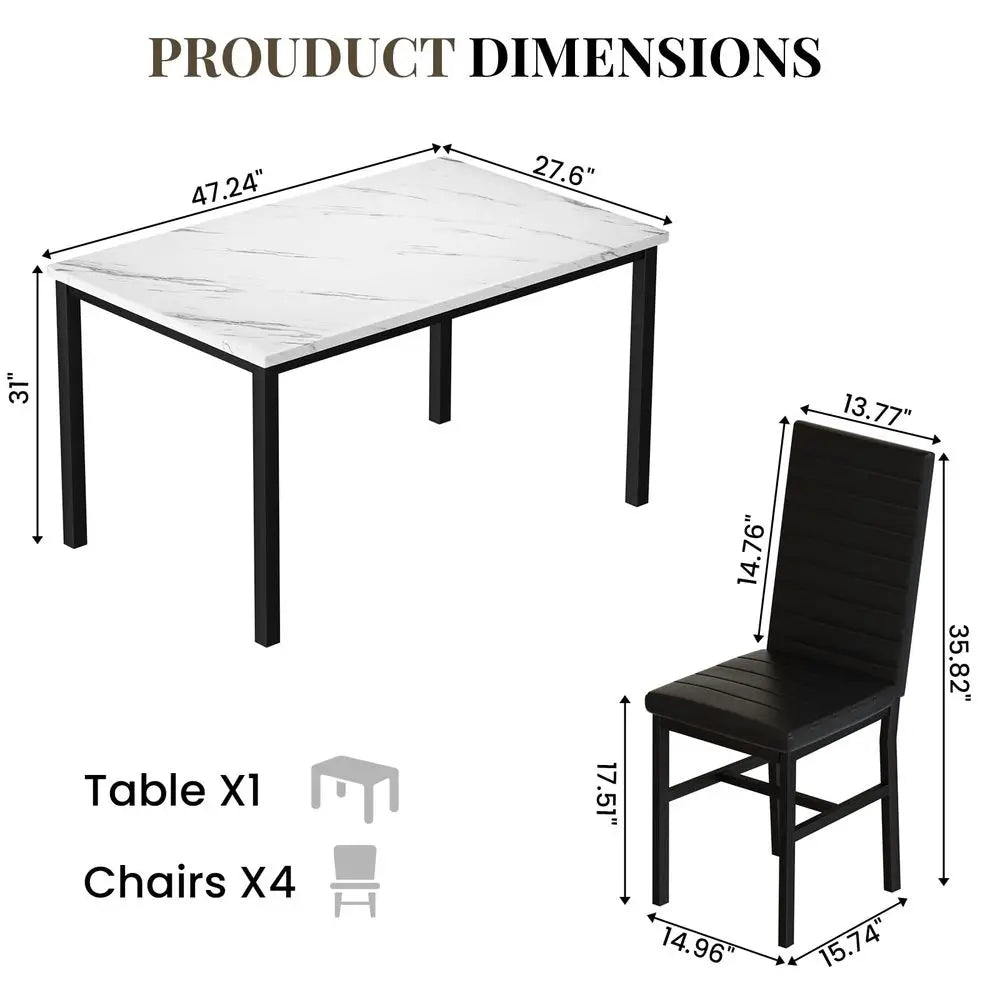 Dining Table Set for 4, Marble Kitchen Table and Chairs for 4, Comfortable PU Leather Chairs,Dining RoomTable Set for Small Spac