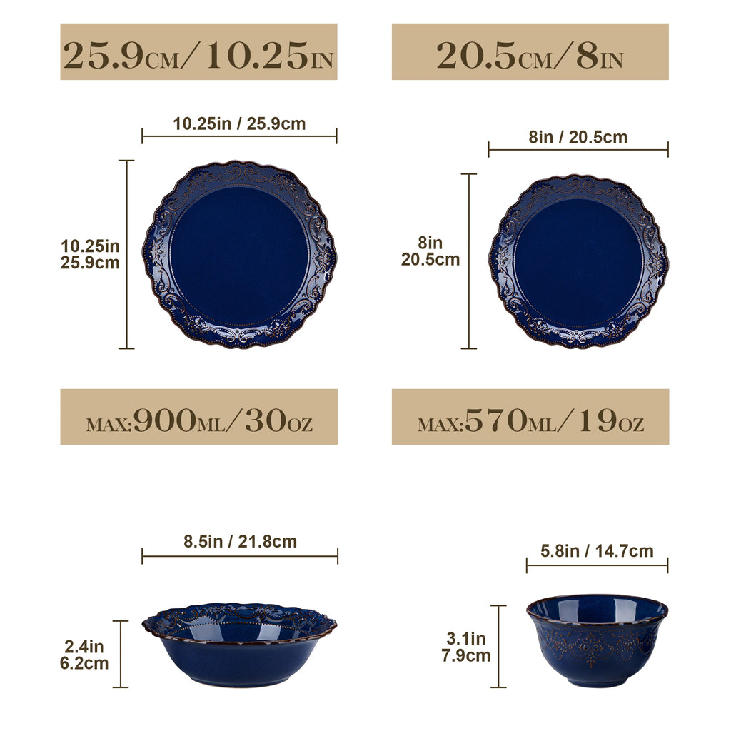 MALACASA 16 Piece Relief Blue Reactive Glaze Plates Dinner Sets Ceramic Dinnerware Set with 4 PCS Dinner Plate/Dessert/Bowl/Soup