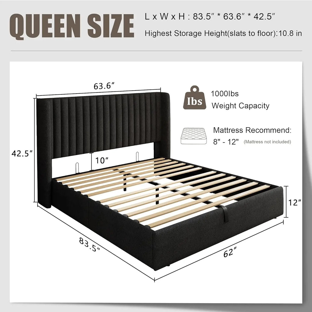 Queen Size Lift Up Storage Bed Frame with Wingback Headboard, Linen Upholstered Platform Bed with 10.8" Underneath, Customized