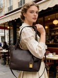 Women Dark Brown Lock Closure Shoulder Bag, Minimalist Structured Handbag for Work, Travel and Everyday Use