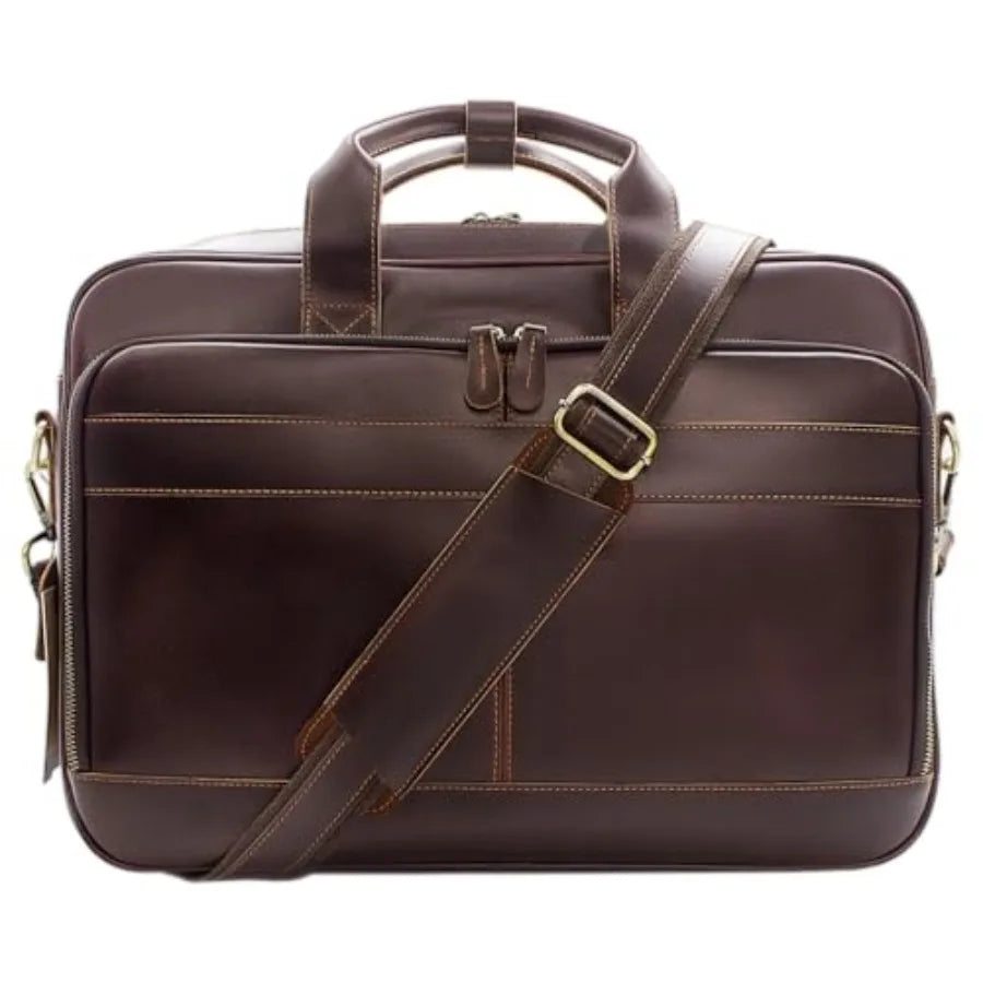 Full Grain Leather Briefcase for Men Business Messenger Bag Laptop Case Fits 15.6 Inch Laptop Brown Premium Quality Durable Des