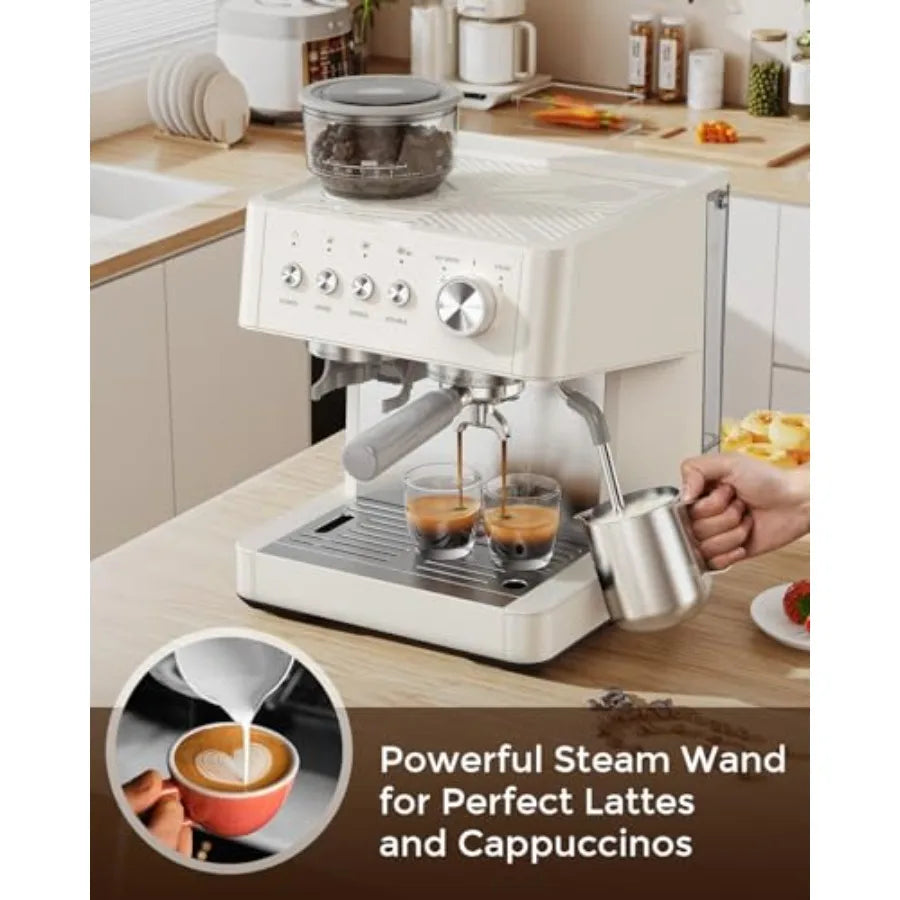 20 Bar Espresso Machine with Built-in Anti-Clog Coffee Grinder for Lattes White Espresso Maker with Milk Steam Wand Frother Tam