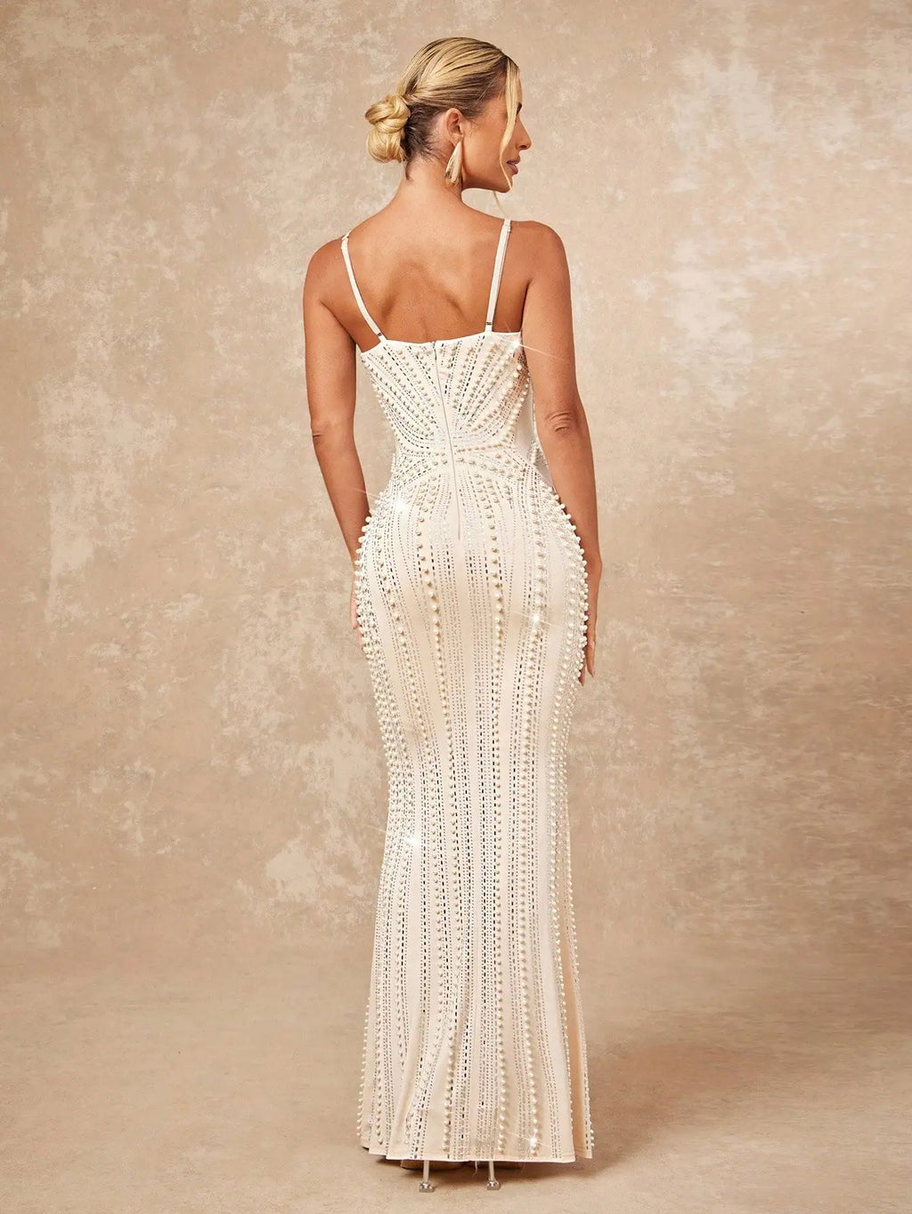 Elegant Faux Pearl And Rhinestone Bustier Maxi Dress For Party Gala Wedding