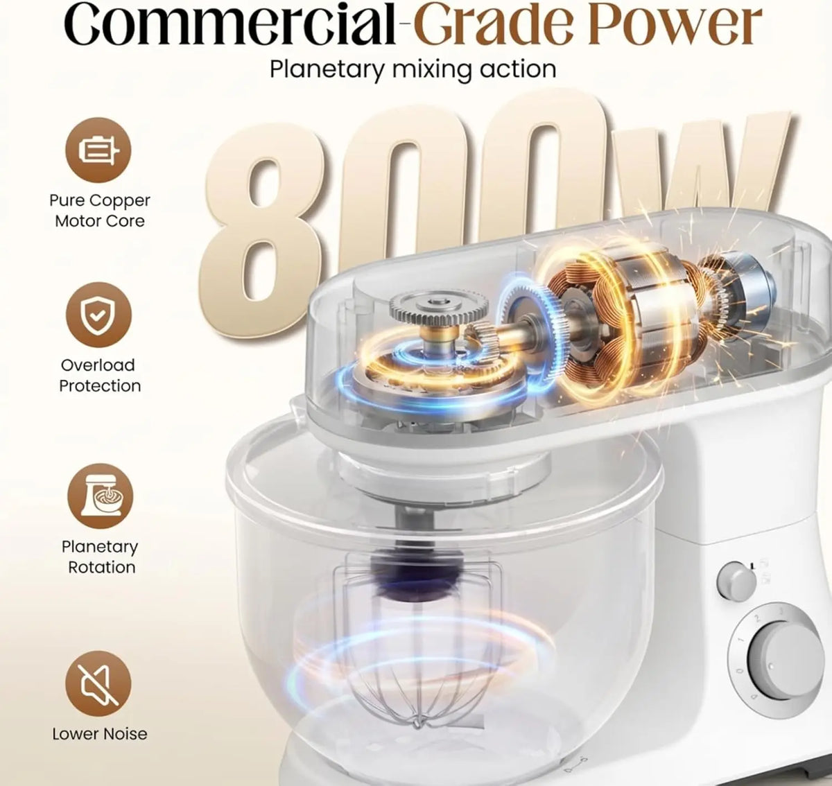 800W Electric Stand Mixer with 5.3QT Bowl, 6-Speed Control, Dough Hook, Whisk, Beater for Baking