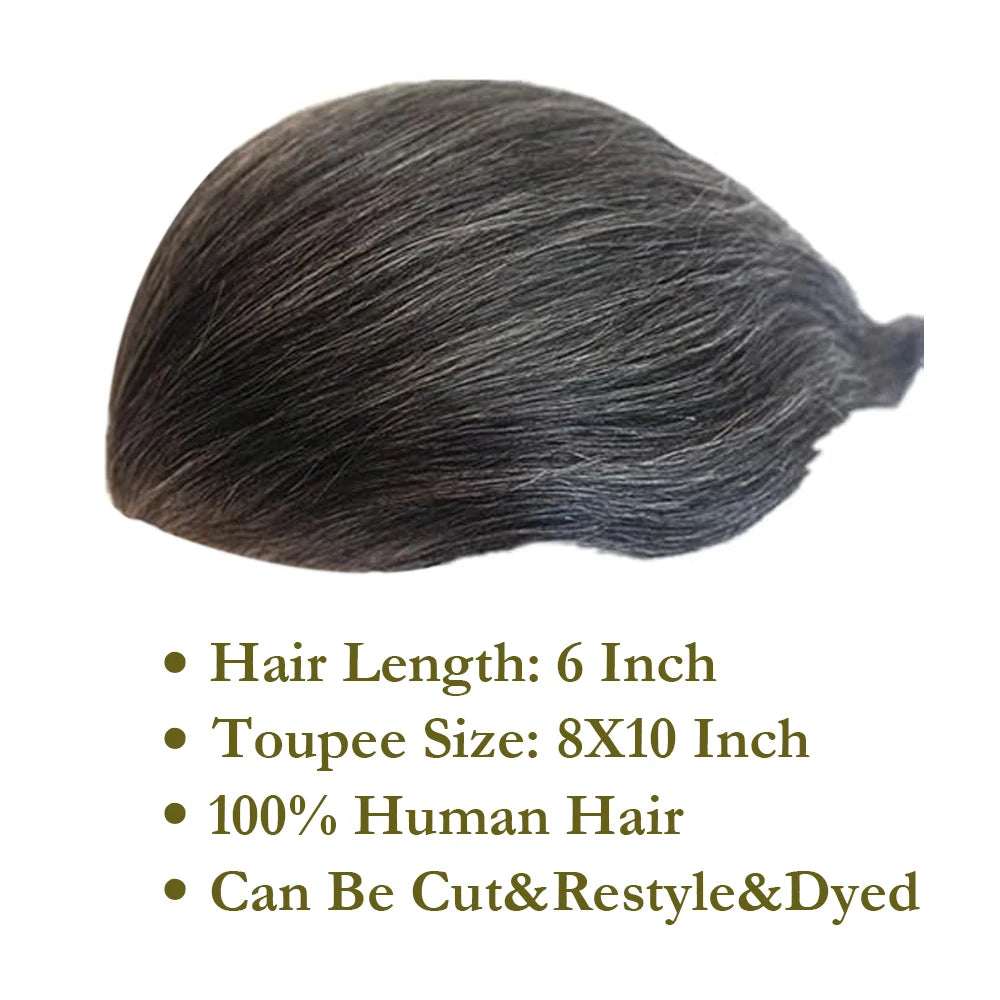 ISKIN PU #1B20 Human Hair Toupee Straight Full PU Toupee For Men Injection Human Hair Men's Wigs Durable Skin Male Hair 8*10inch