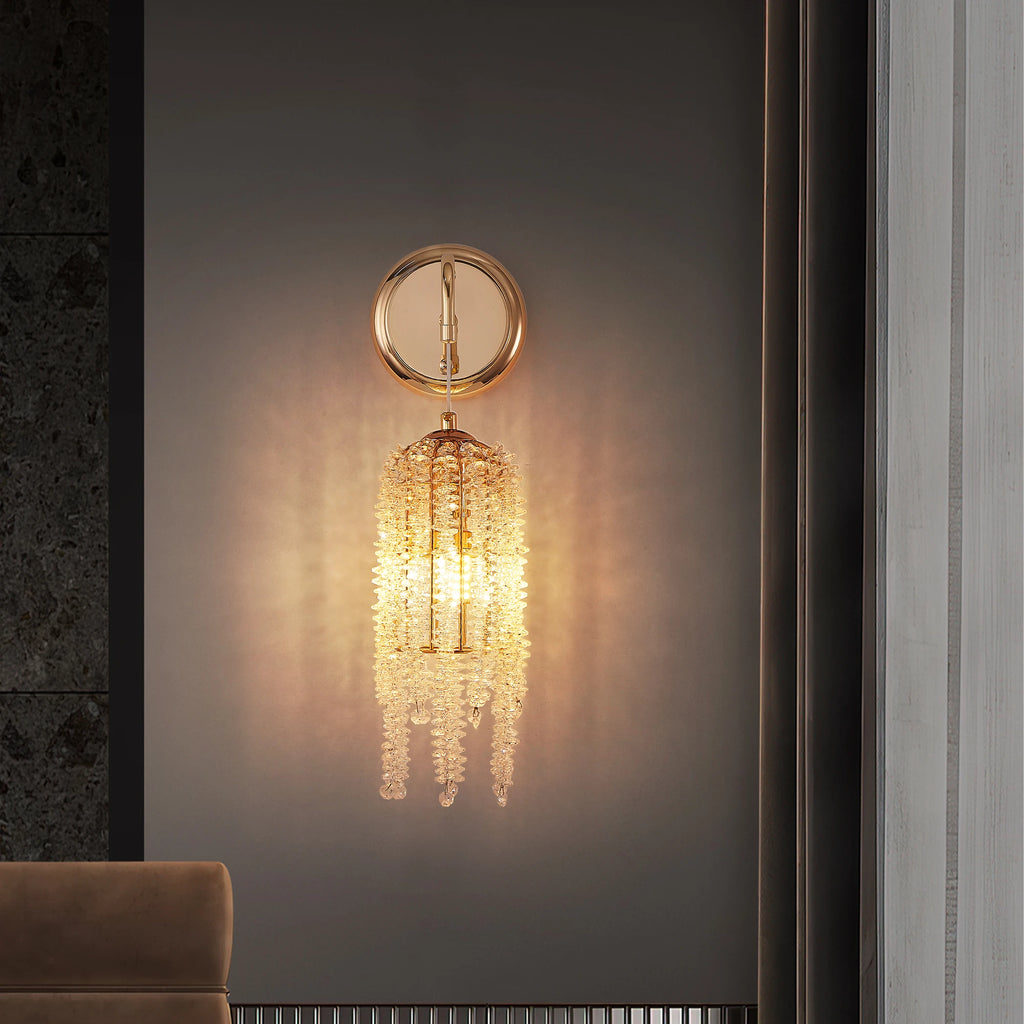 Luxury Gold Crystal Tassel Wall Sconce Adjustable Cord E12 Base Wall Chandelier for Living Room Bedroom Bedside Background Wall