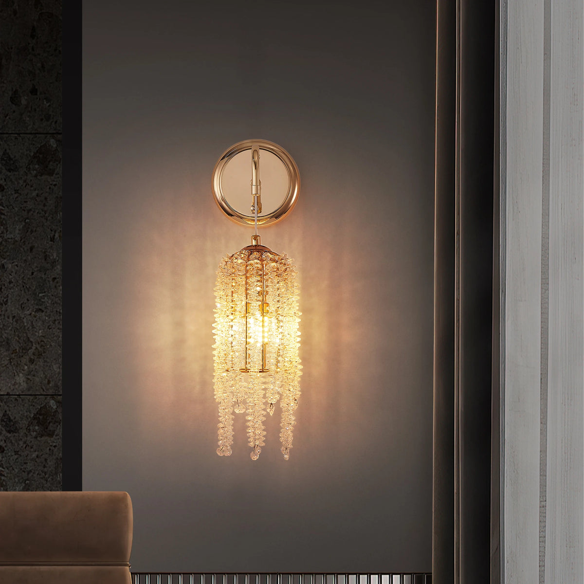 Luxury Gold Crystal Tassel Wall Sconce Adjustable Cord E12 Base Wall Chandelier for Living Room Bedroom Bedside Background Wall
