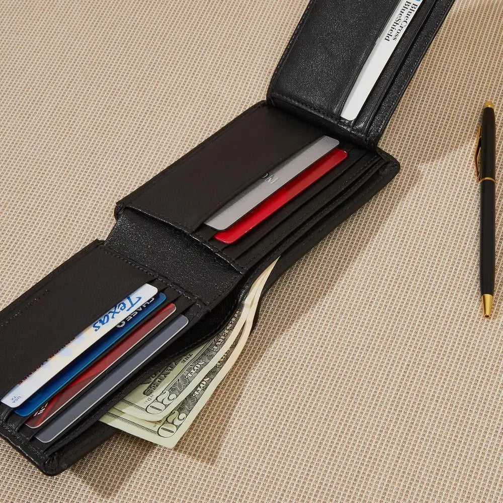 Men's Genuine Leather Bifold Wallet with 11 Card Slots and Double Bill Compartment