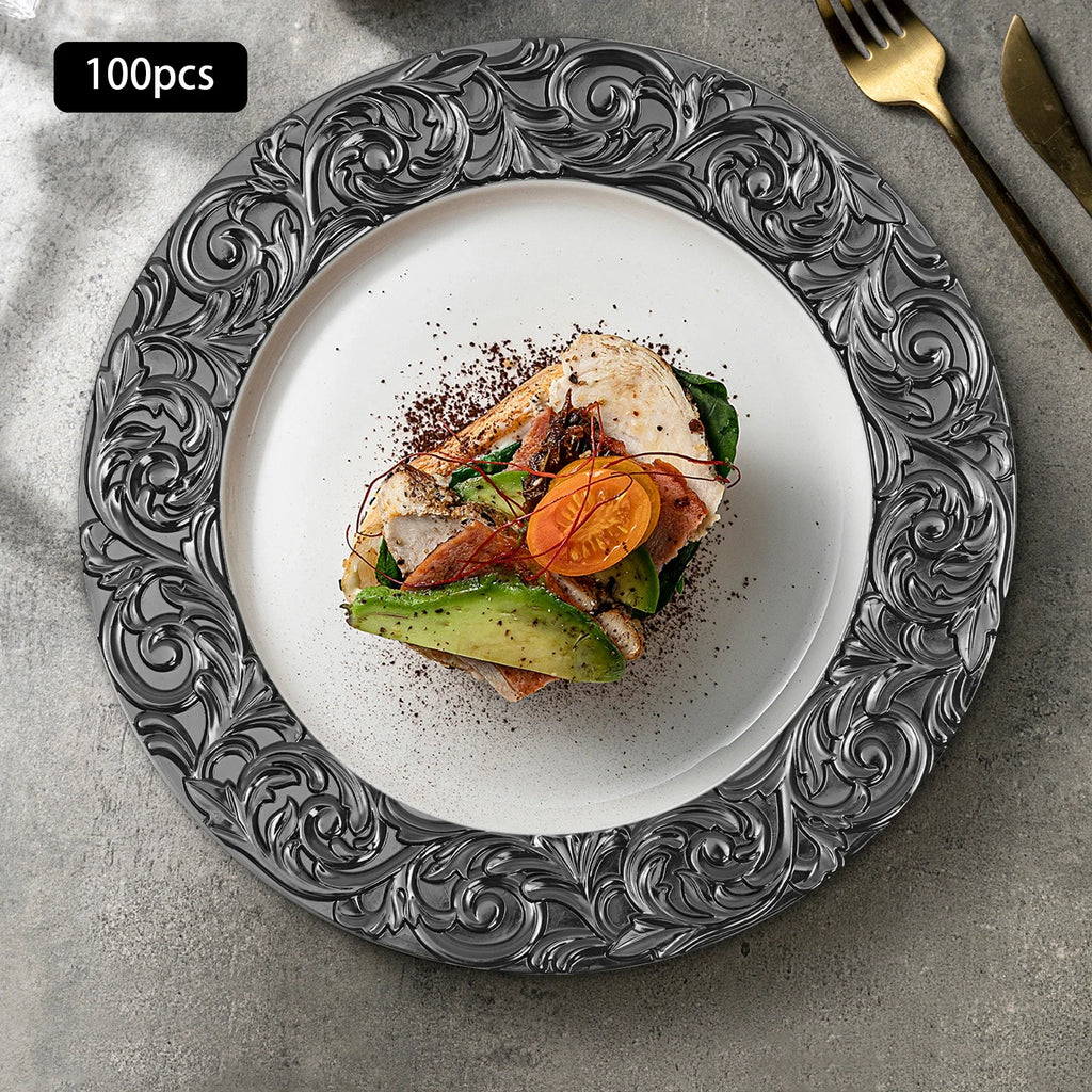 100 PCS Black Charger Plates Set Elegant Wedding Party Decor12.99 Inch Reusable Plastic Serving Trays for Table Setting Birthday