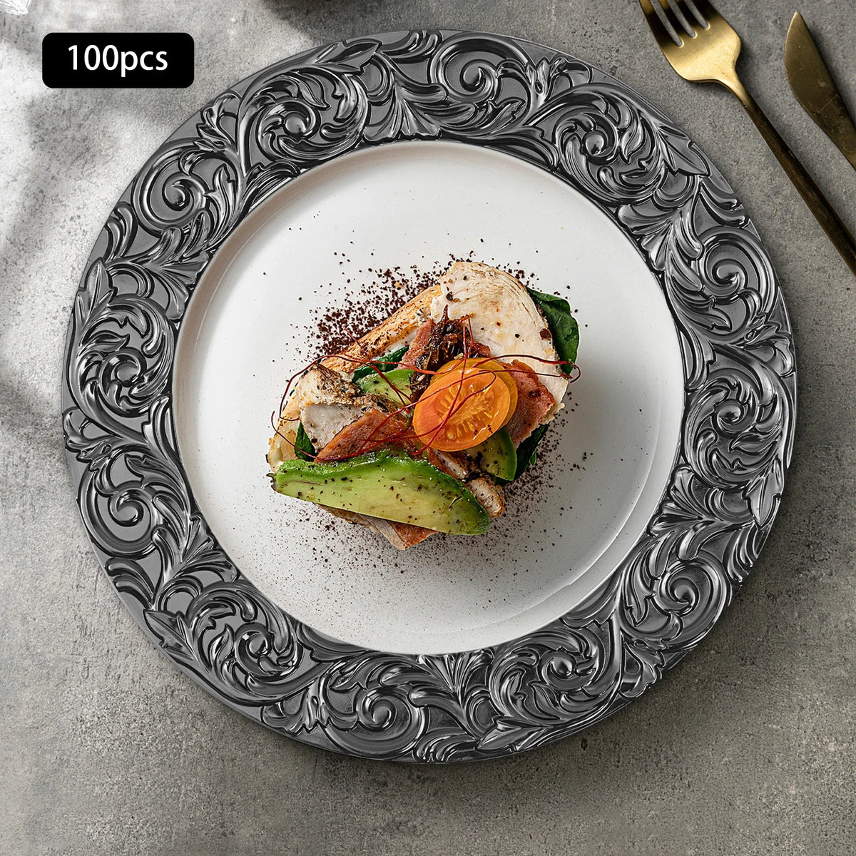 100 PCS Black Charger Plates Set Elegant Wedding Party Decor12.99 Inch Reusable Plastic Serving Trays for Table Setting Birthday