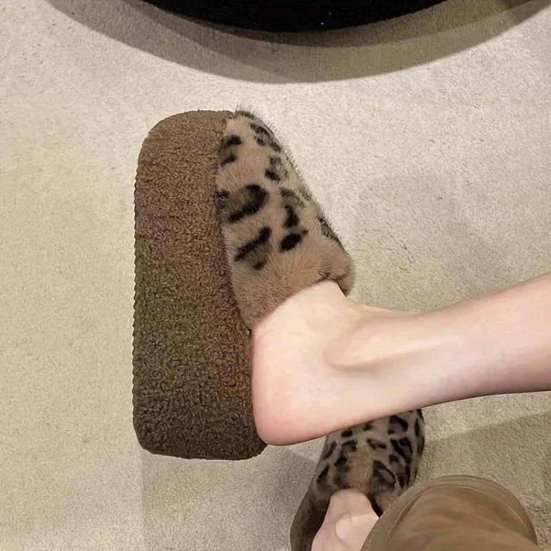 Women's Fashion Slippers, 3.15-inch Thick Sole, Faux Fur, Geometric Leopard Print, Indoor/Outdoor, Warm