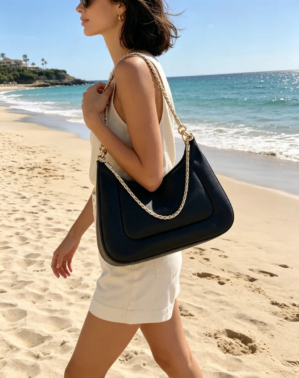 Minimalist Black Hobo Underarm Bag for Women Smooth Leather Purse with Gold Chain Strap for Night Out and Office Days