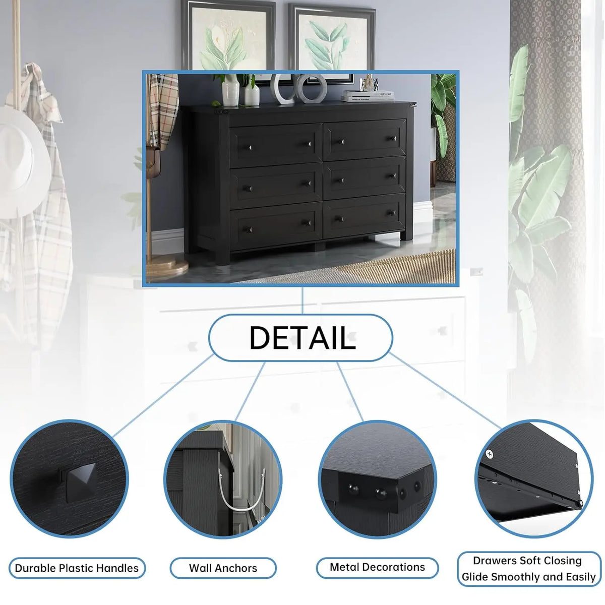 Black Dresser for Bedroom with 6 Drawers, Modern Chest of Drawers, Wood Dressers Bedroom Furniture Wide Storage, Customized