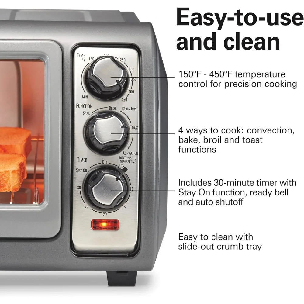 6 Slice Convection Toaster Oven with Roll Top Door Bake Broil Toast Auto Shutoff Silver