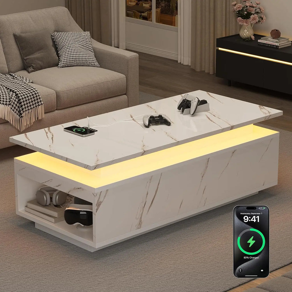 LED Coffee Table with Wireless Charging & Bluetooth Speaker, White Marble Smart Center Table with Storage