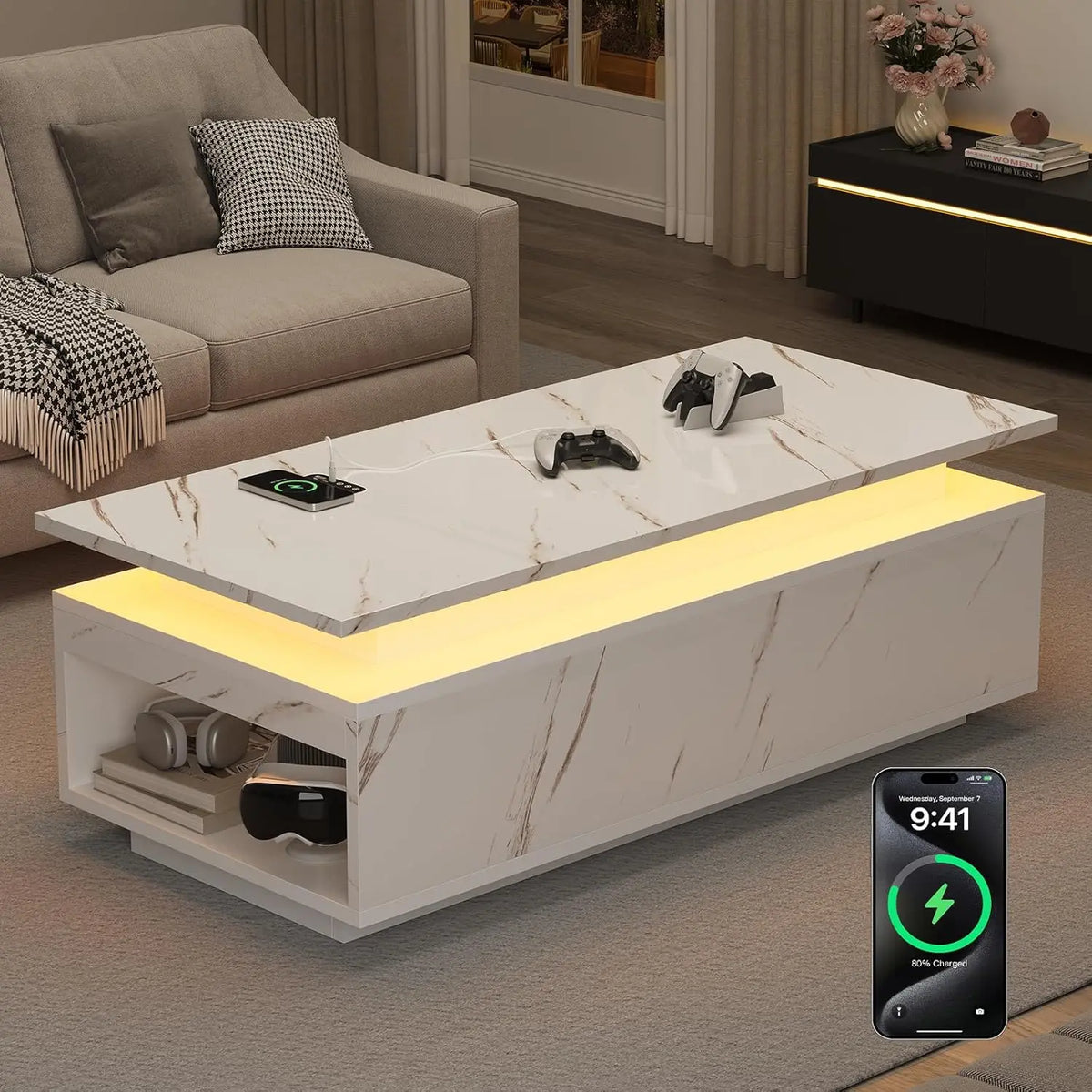 LED Coffee Table with Wireless Charging & Bluetooth Speaker, White Marble Smart Center Table with Storage