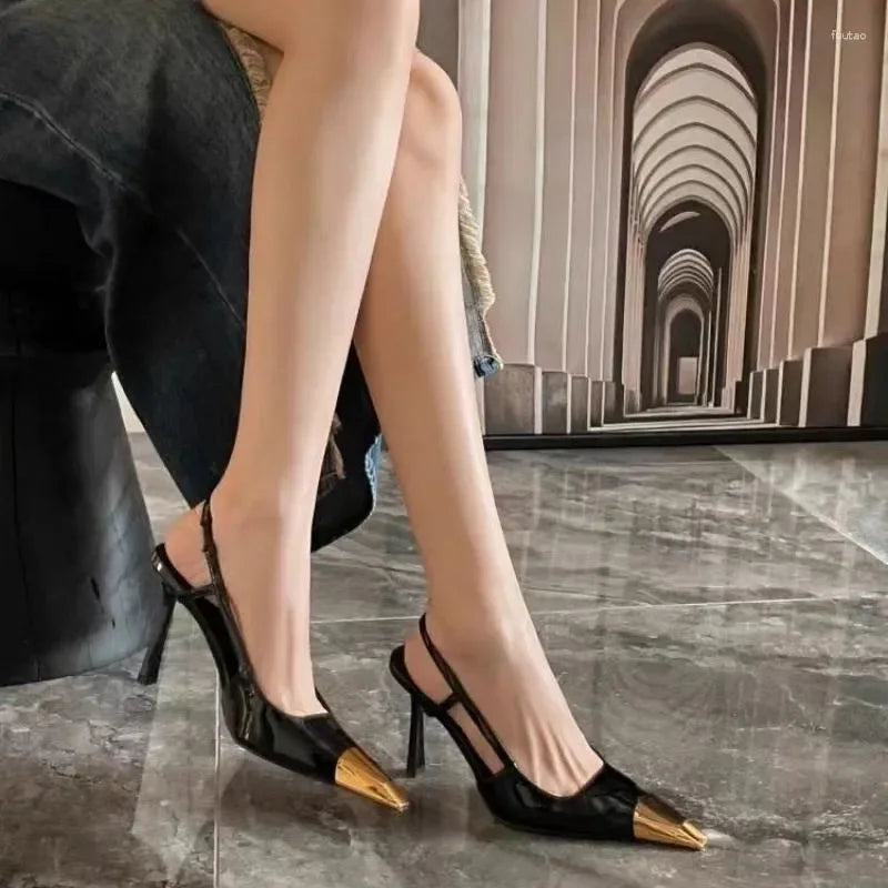 Sandals Fashionable And Retro Pointed-toe High-heeled Metal Patent Leather Heel Single-shoe Fashion Show
