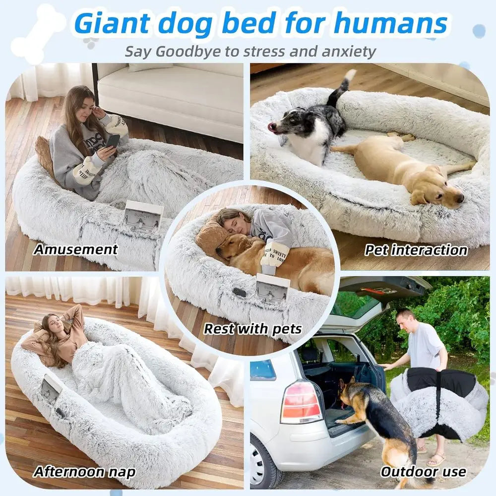 Human Dog Bed - 71"x45"x12" its You & Pets, Washable aux ur, Orthopedic, Plump Pillow, Blanket, Strap - Grey