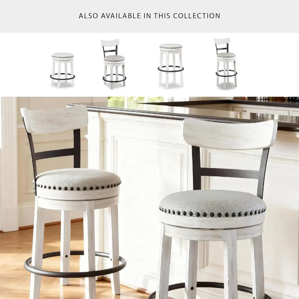 Valebeck | ern Swivel 24.5" Counter Height Barstool – Rustic-Industrial Whitewash, Upholstered Cushion, 360° Swivel, NailTrim