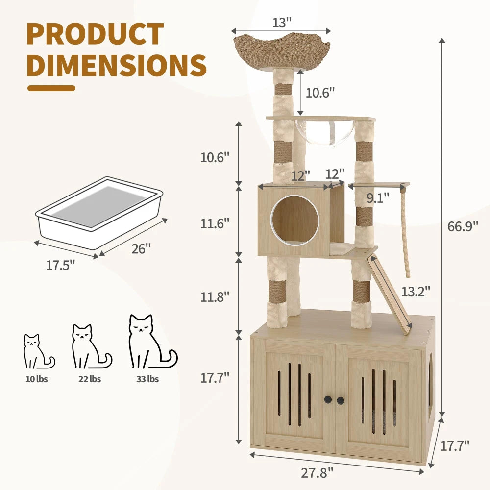 66.9" Cat Tree With Litter Box Enclosure Modern Cat Tower With Storage Cabinet Sisal Scratching Post Multi-Layer Activity Areas