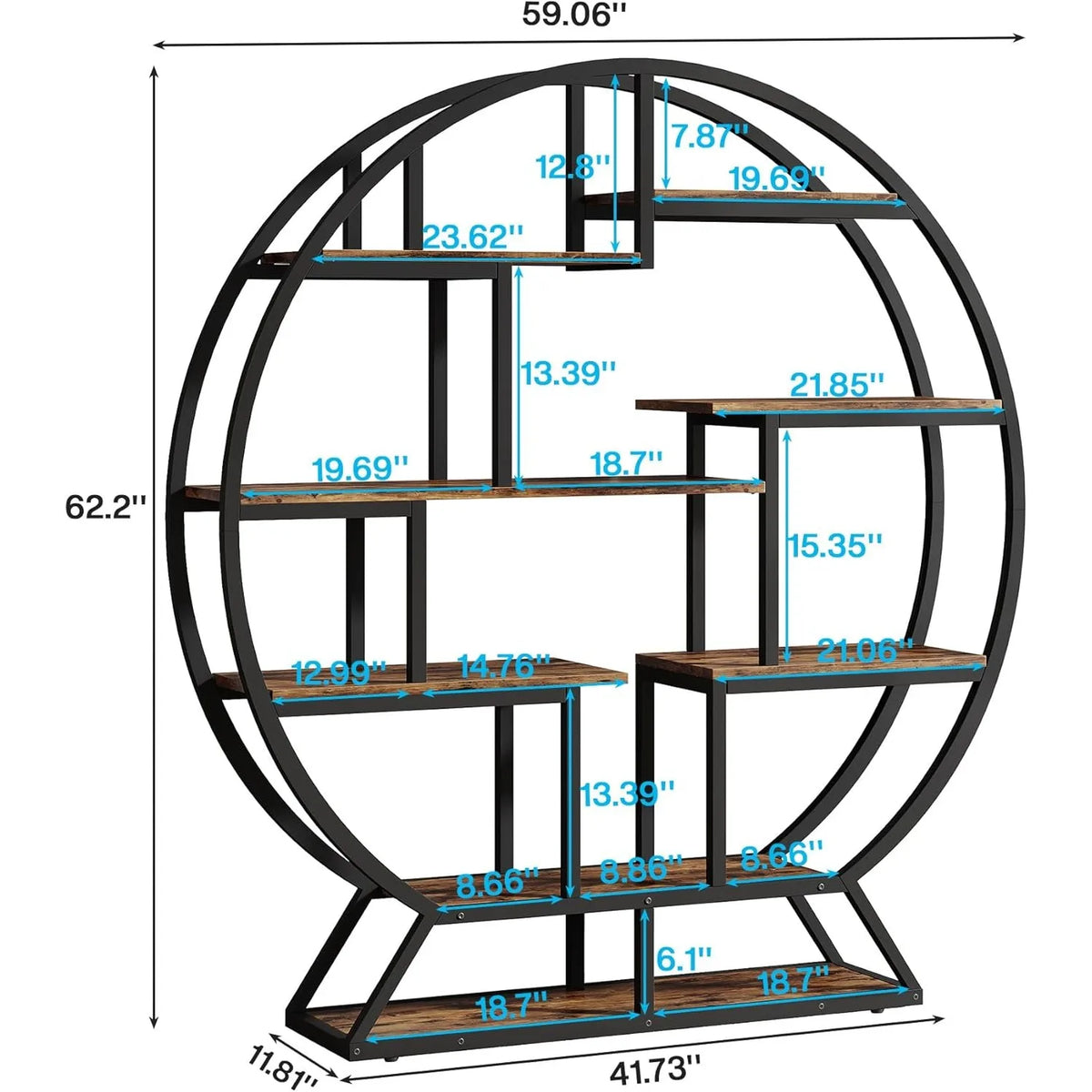63 Inch Round Bookshelf – Modern Wood Bookcase with Staggered Shelves, Rustic Open Display Rack for Home Office or Lounge