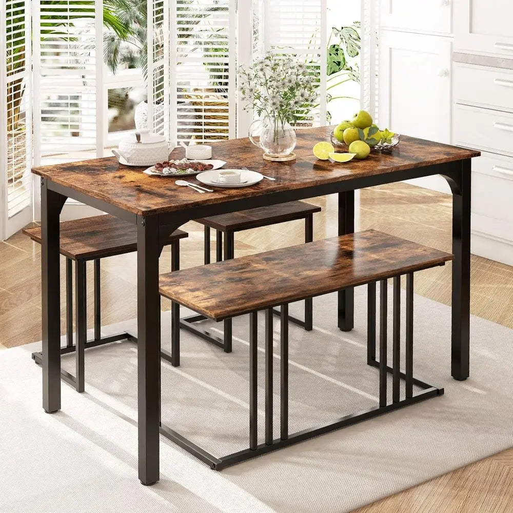 Dining Table and Stools Set with Bench, 4 Pieces Steel e Kitchen Table Set with Adjustable oot Pads, Space-Saving Wooden Dining