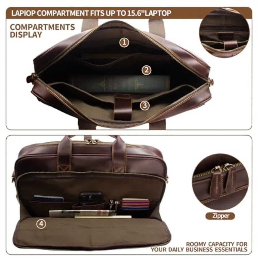 Full Grain Leather Briefcase for Men Business Messenger Bag Laptop Case Fits 15.6 Inch Laptop Brown Premium Quality Durable Des