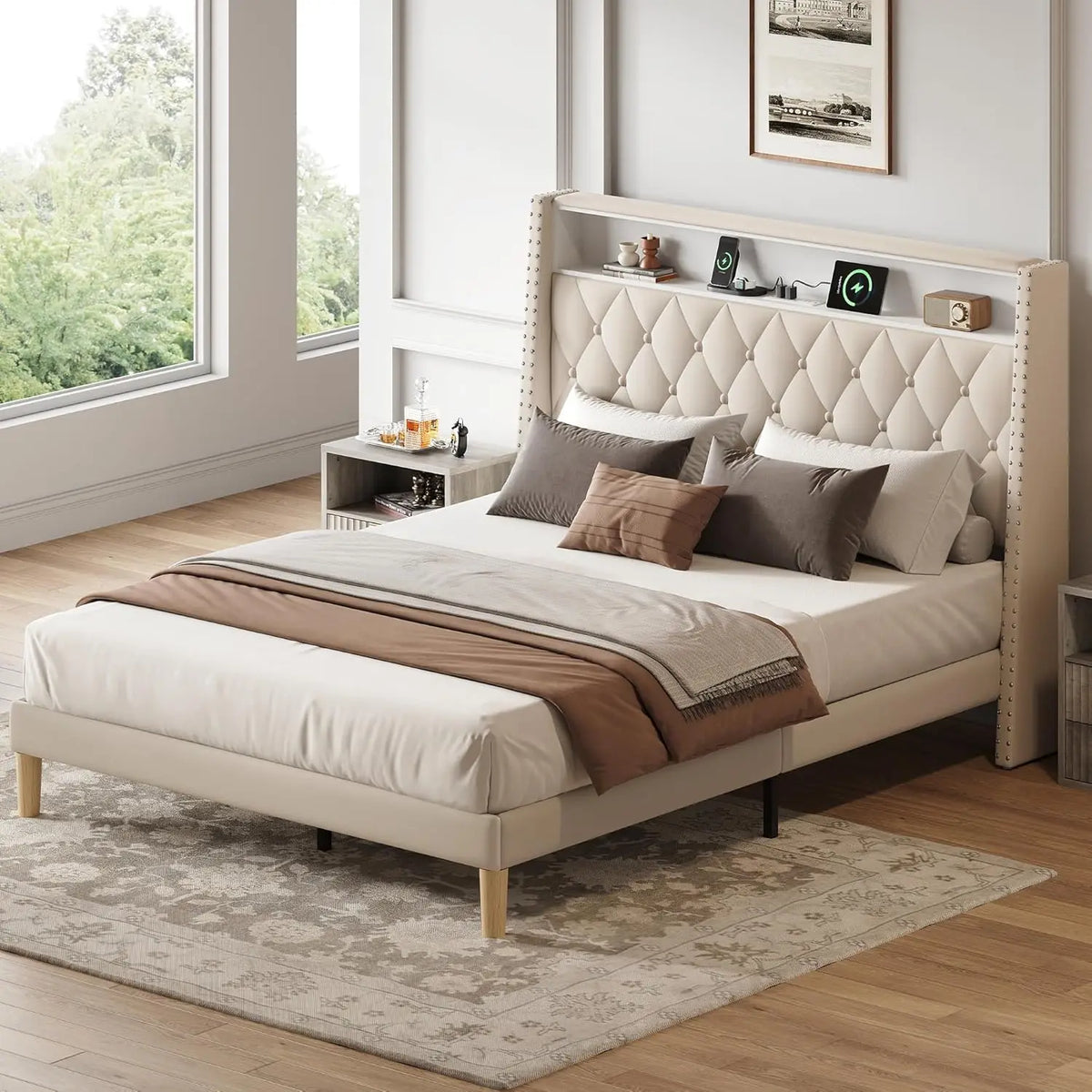 Upholstered Bed Frame with Tall Wingback Headboard, Velvet Square Tufted Platform Beds with Charging Station, Customized