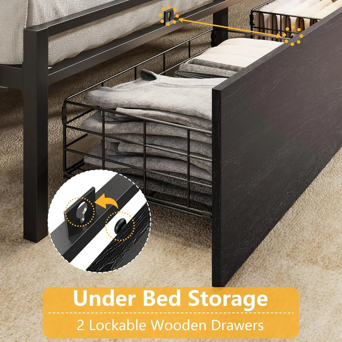 Frame with Wood Headboard and Storage Shelf, Metal Platform Bed Frame with Storage Drawers, Customized