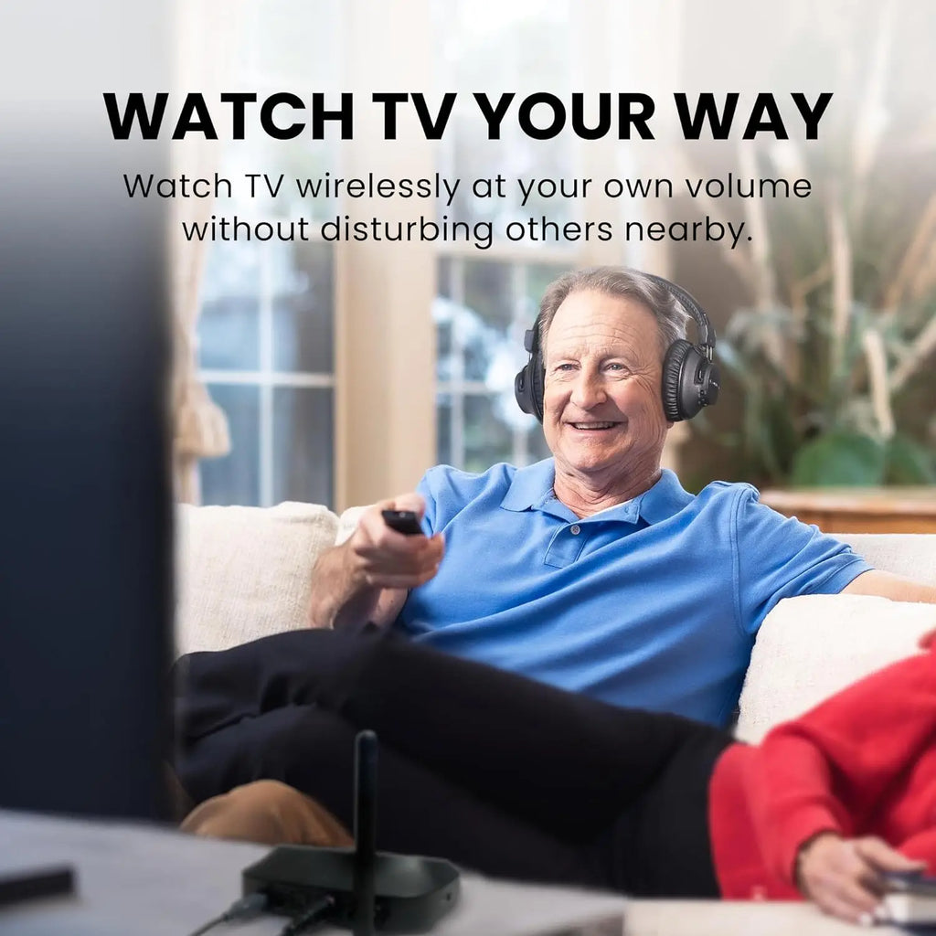 Wireless TV Headphones with Optical/AUX, Clear Voice, Volume Boost, Comfortable Fit, 60H Battery & Charging Dock