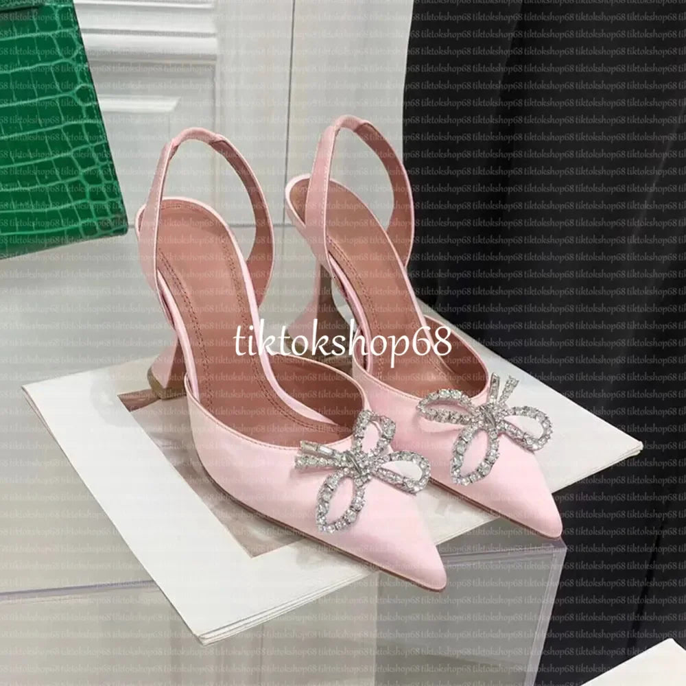 Amina muadii heels designer sandals womens wedding dress shoes satin pointed slingbacks bowtie pumps crystal sunflower flower hi