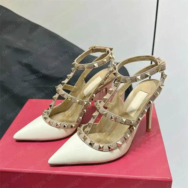 High heels designer sandals classics metal buckle pointed toe thin heel summer valentinolies luxurys brand genuine leather woman