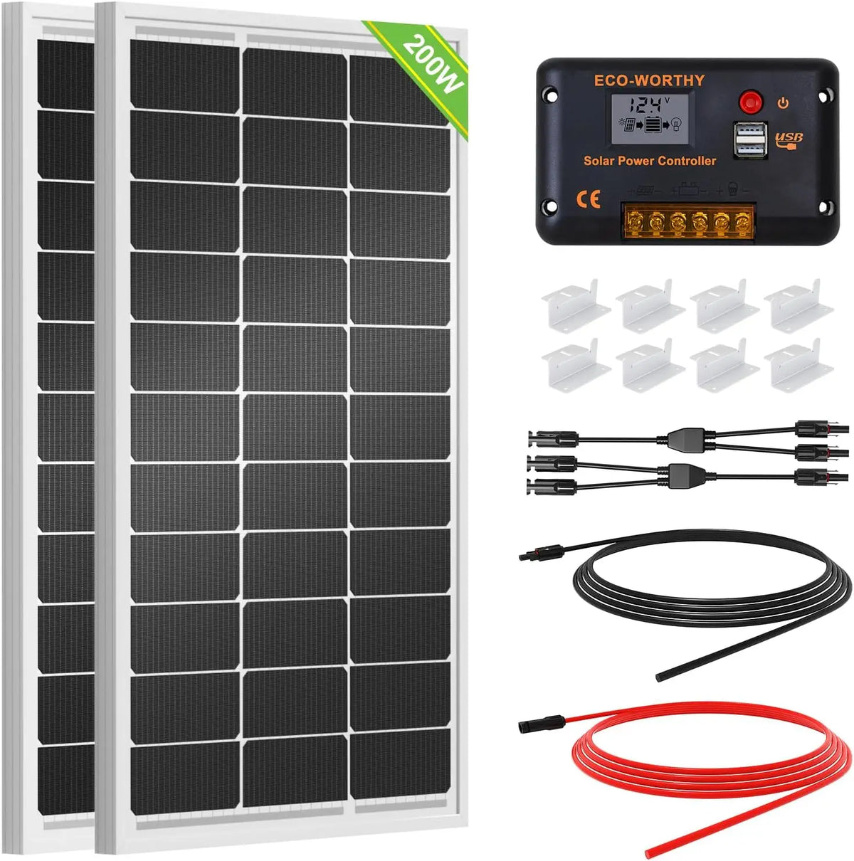 200W 12V/24V Solar Panel Kit with High-Efficiency Monocrystalline Panels & 30A PWM Controller for RV, Camper, Off-Grid Use