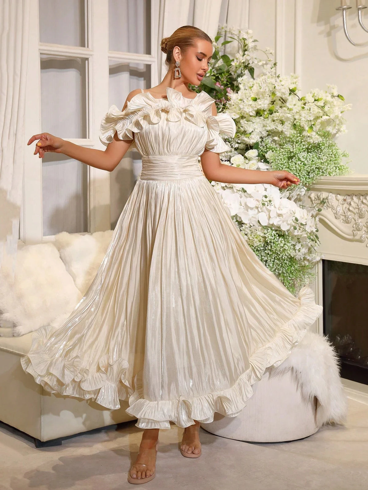 Off-Shoulder Pleated Ruffle Waist-Cinched Flared Evening Gown For Bridesmaid