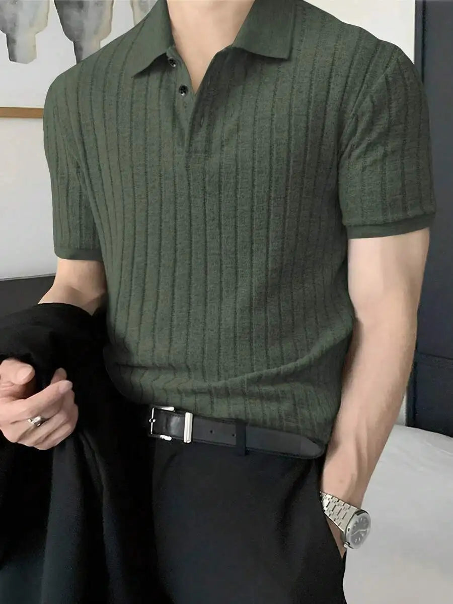 Men's Olive Green Ribbed Knit Polo Shirt, Short Sleeve, Casual Style