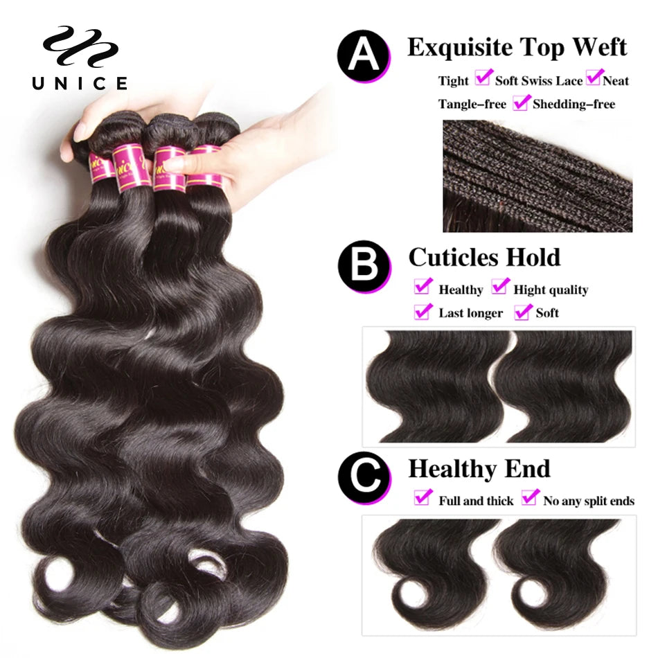 UNice Body Wave Bundles Natural Color 100% Human Hair Bundles Sew-in Quick Weaves Virgin Hair 1/3/4 Bundles Deal