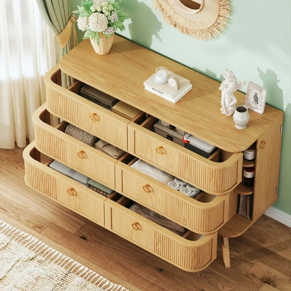 6 Drawer Dresser for Bedroom, 43 Modern Chest of Drawers with Metal HandlesampWood Legs, Curved Profile Design, Rattan Dresser f
