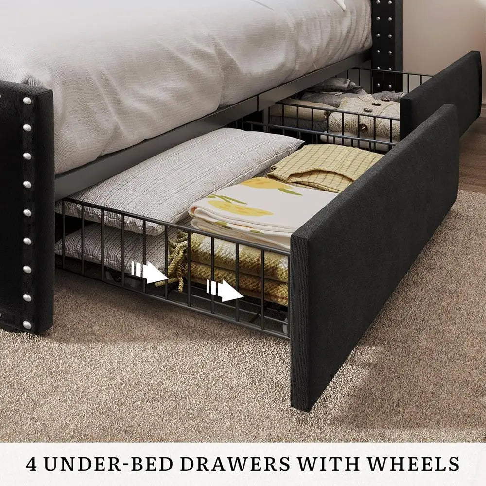 King Size Bed e with 4 Storage Ders and RGB LED Lights, Velvet Upholstered Platorm Bed with Charging Station and Bookcase Storag