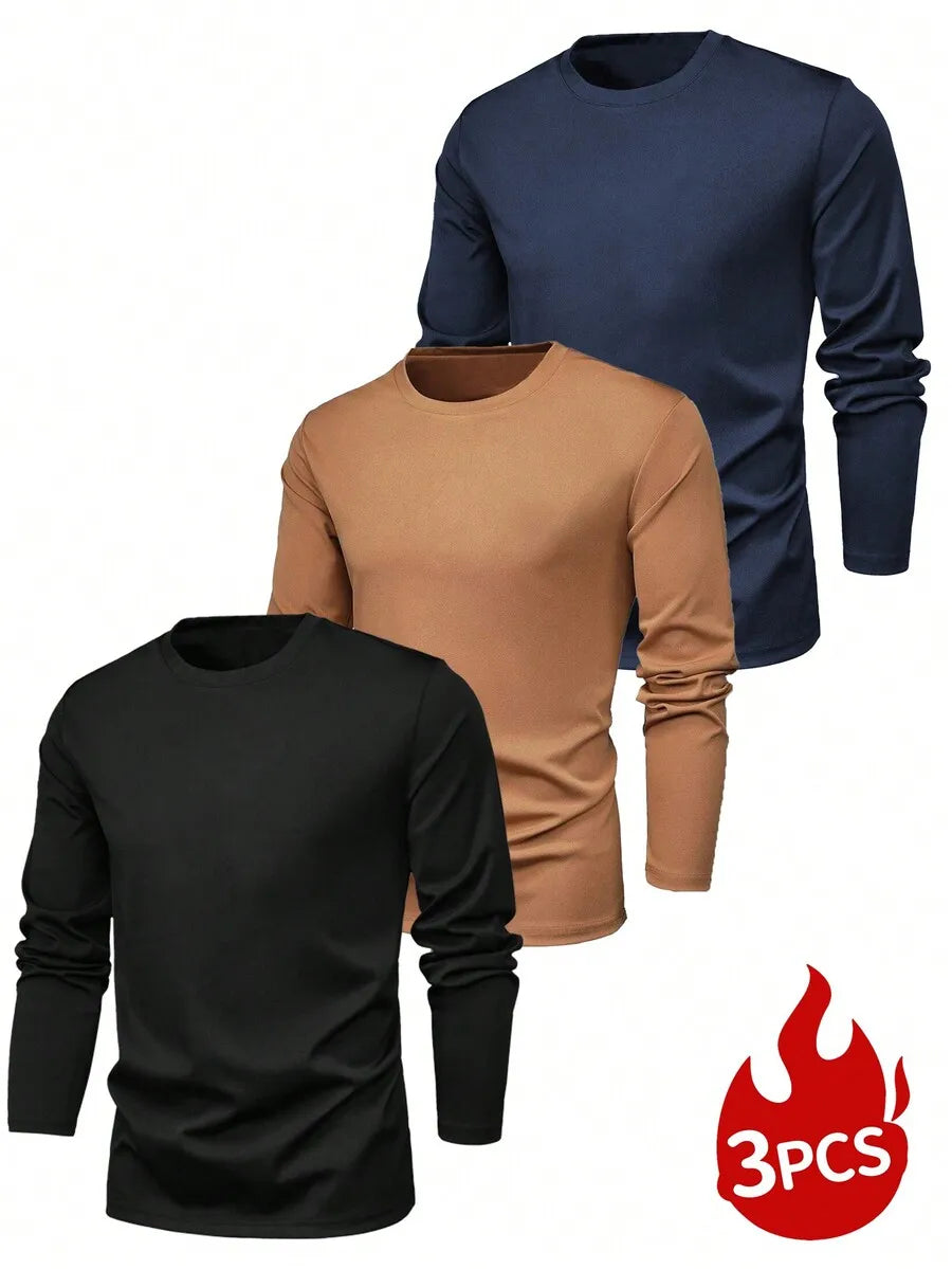 3-Pack Men's Solid Color Round Neck Slim Fit Long Sleeve T-Shirts for Casual Daily Wear