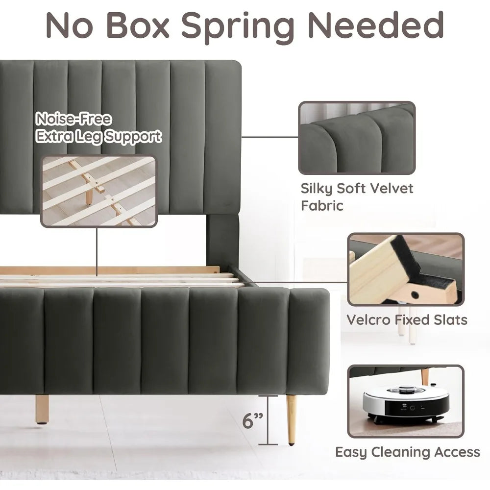 King Size Elton Velvet Platform Bed, Upholstered Bed Frame with Vertical Channel Tufted Headboard Footboard, Customized