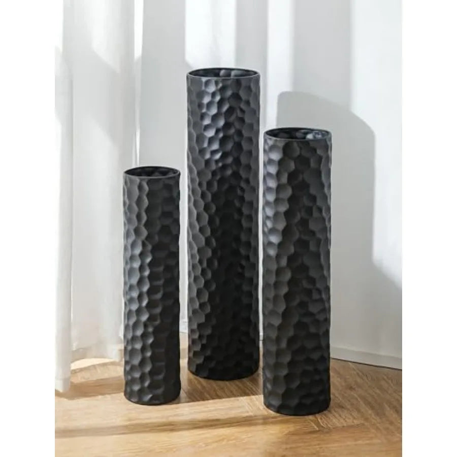 Tall Floor Vase: 27/23/20in Large Floor Vases Standing for Living Room - Hammered Metal Floor Vases Set of 3 - Cylinder Flower