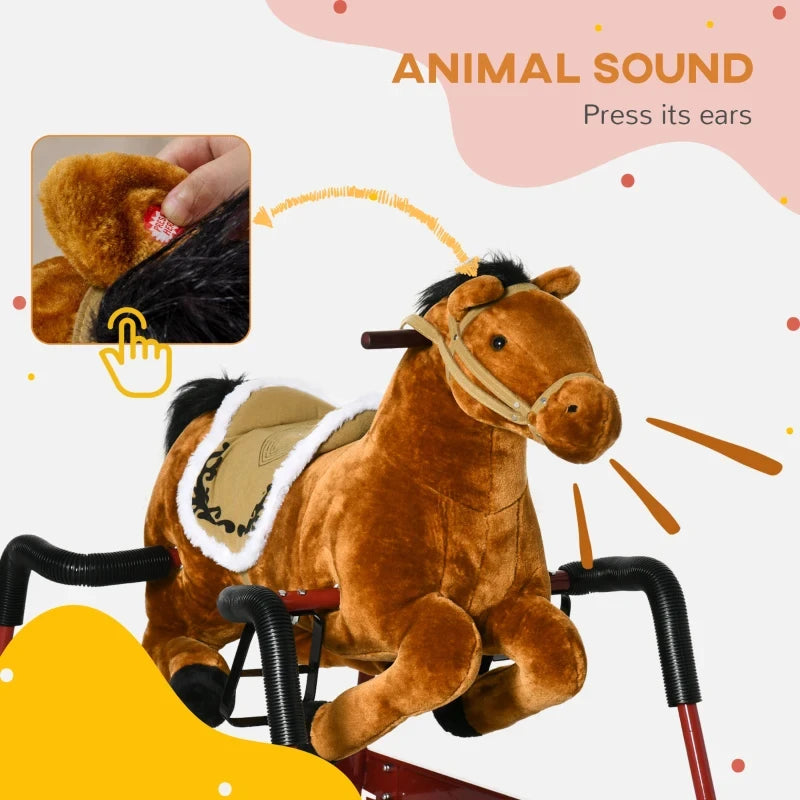 Spring Rocking Horse with Realistic Sounds Plush Ride on Toy 176LBS Capacity for Kids Ages 3 and Up Metal Frame