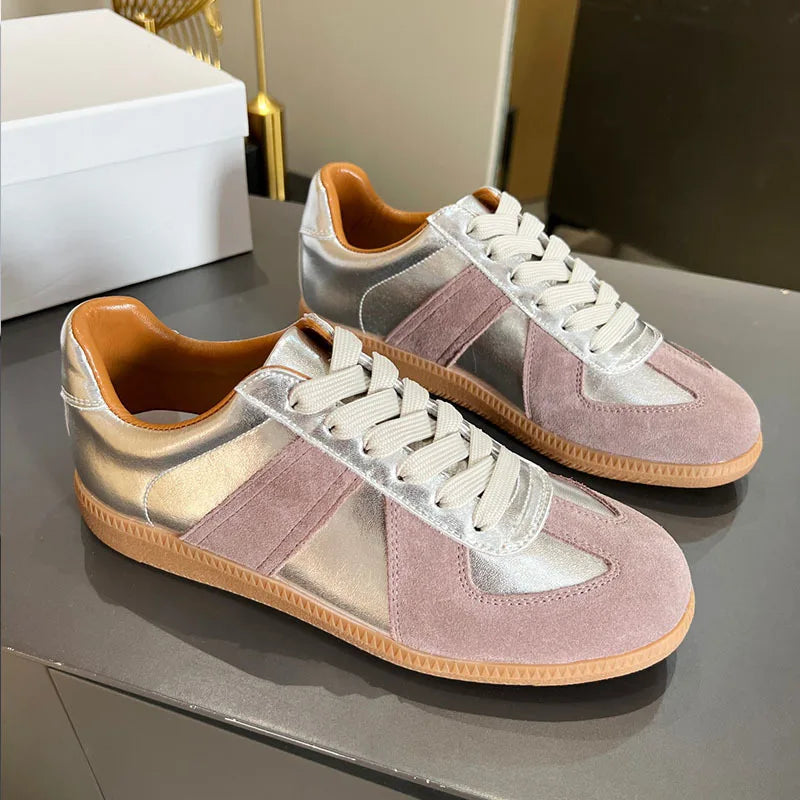 Suede Leather Patchwork Casual Shoes Women Round Toe Lace Up Flats Training Shoes Autumn Sneakers Comforatble Couple Shoes