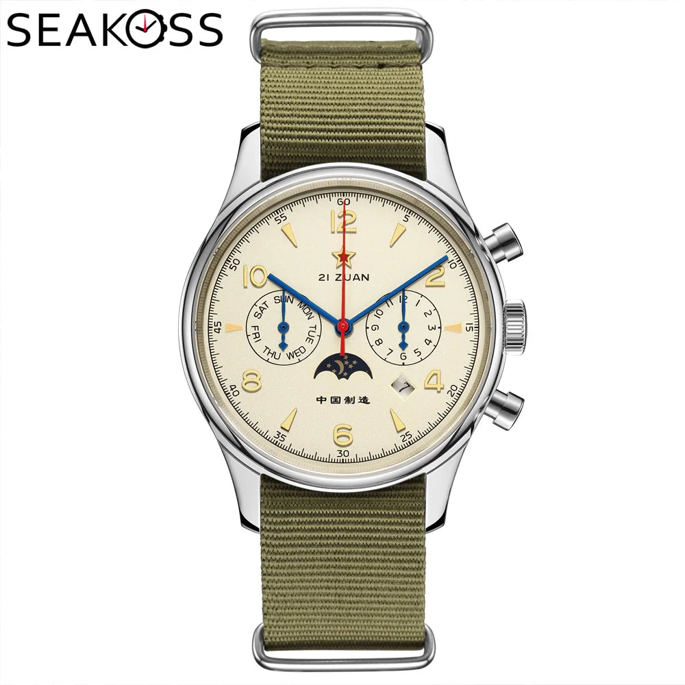 SEAKOSS Retro Men 1963 Automatic Mechanical Watch Week Month Calendar Display Use Seagull ST1654 Movement Pilot Wristwatches