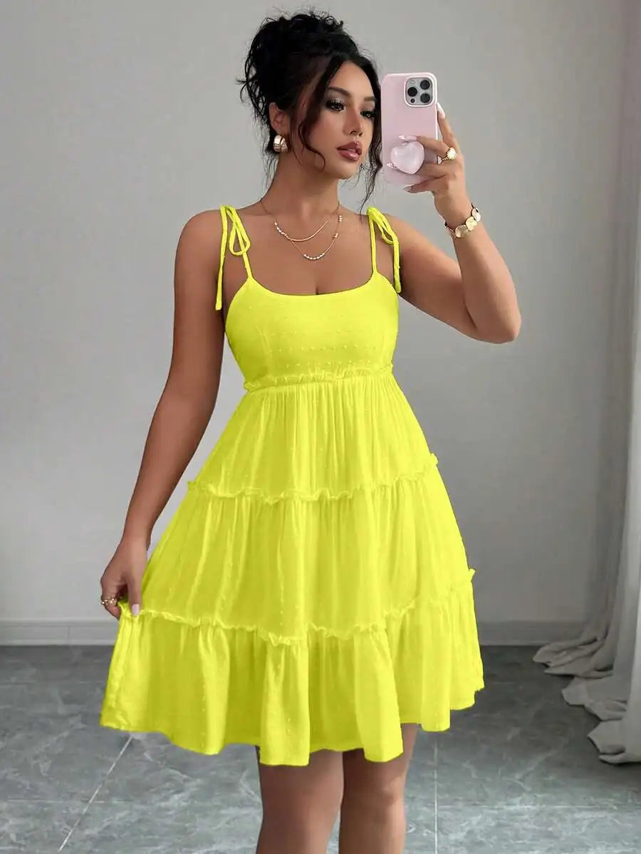 White Swiss Dot Tiered Ruffle Cami Dress for Summer Vacation