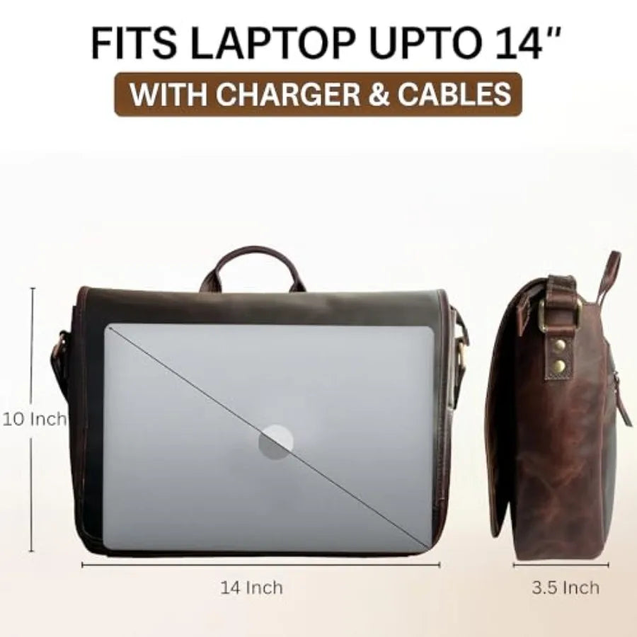 Leather Messenger Bag for Men 14" Leather Laptop Bag Vintage Crossbody Office Satchel Travel Shoulder Bag